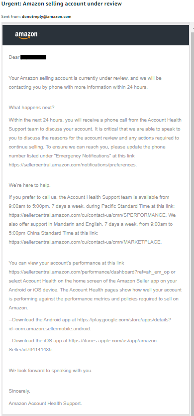 Urgent: Amazon selling account under review.
