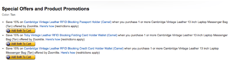 Above: promotions on a product detail page listing which helps to promote other products in the brand’s assortment and encourage cross-sell.